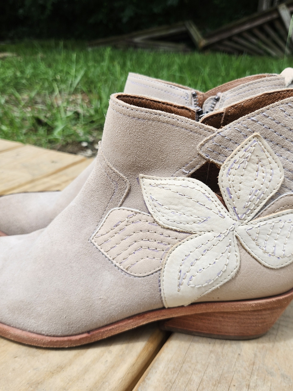 Suede Floral Cutout Ankle Booties - Beige